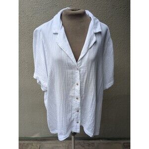 Old Navy Blouse 2XL Short Sleeve Button Up Shirt Women White Gauze Coastal Top